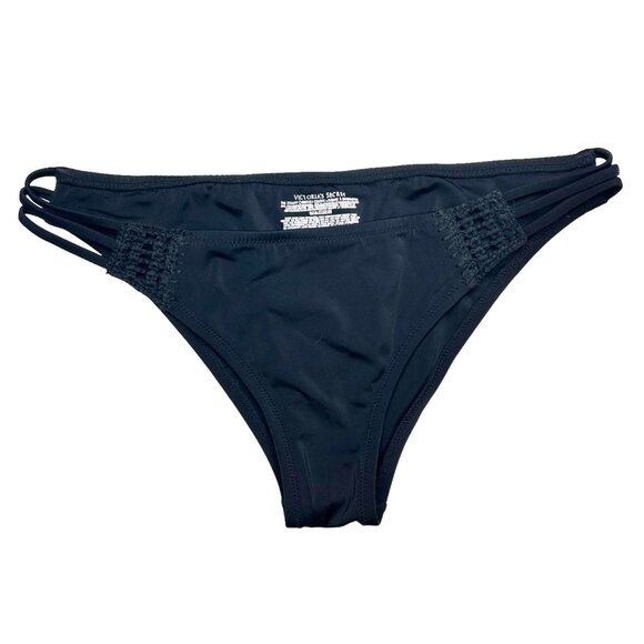 Victoria's Secret L Black Strappy Cheeky Bikini Bottom Crochet Side Gold Label - Picture 9 of 9